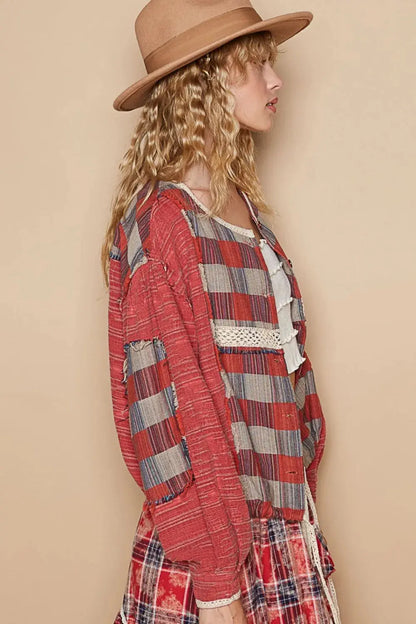 POL Round Neck Long Sleeve Plaid Shirt