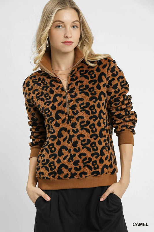 Umgee Leopard Print Quarter-Zip Sweatshirt