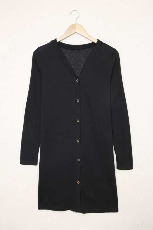 Solid Open-Front Buttoned Cardigan