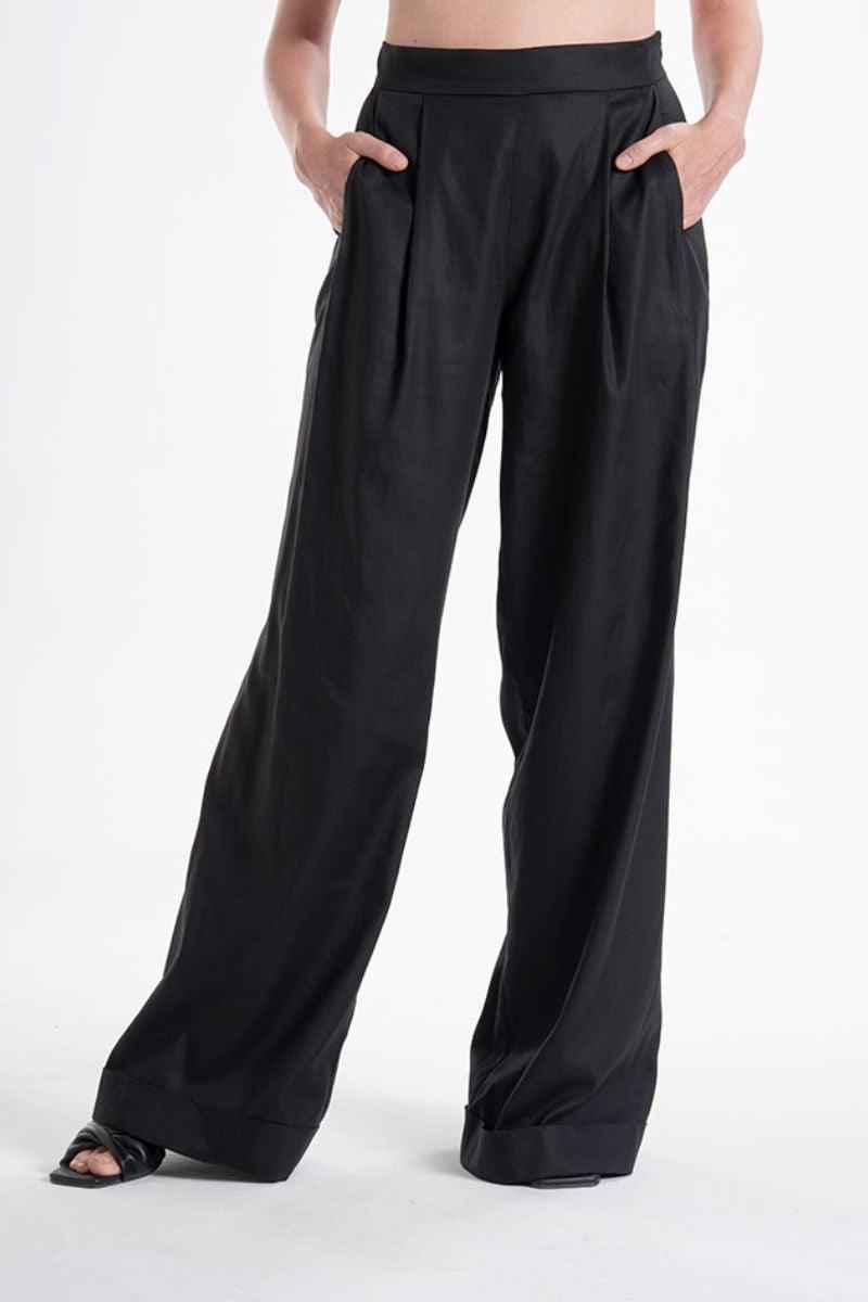 Lightweight And Breathable Deep Black Set With Maxi Button Down And Palazzo Pants