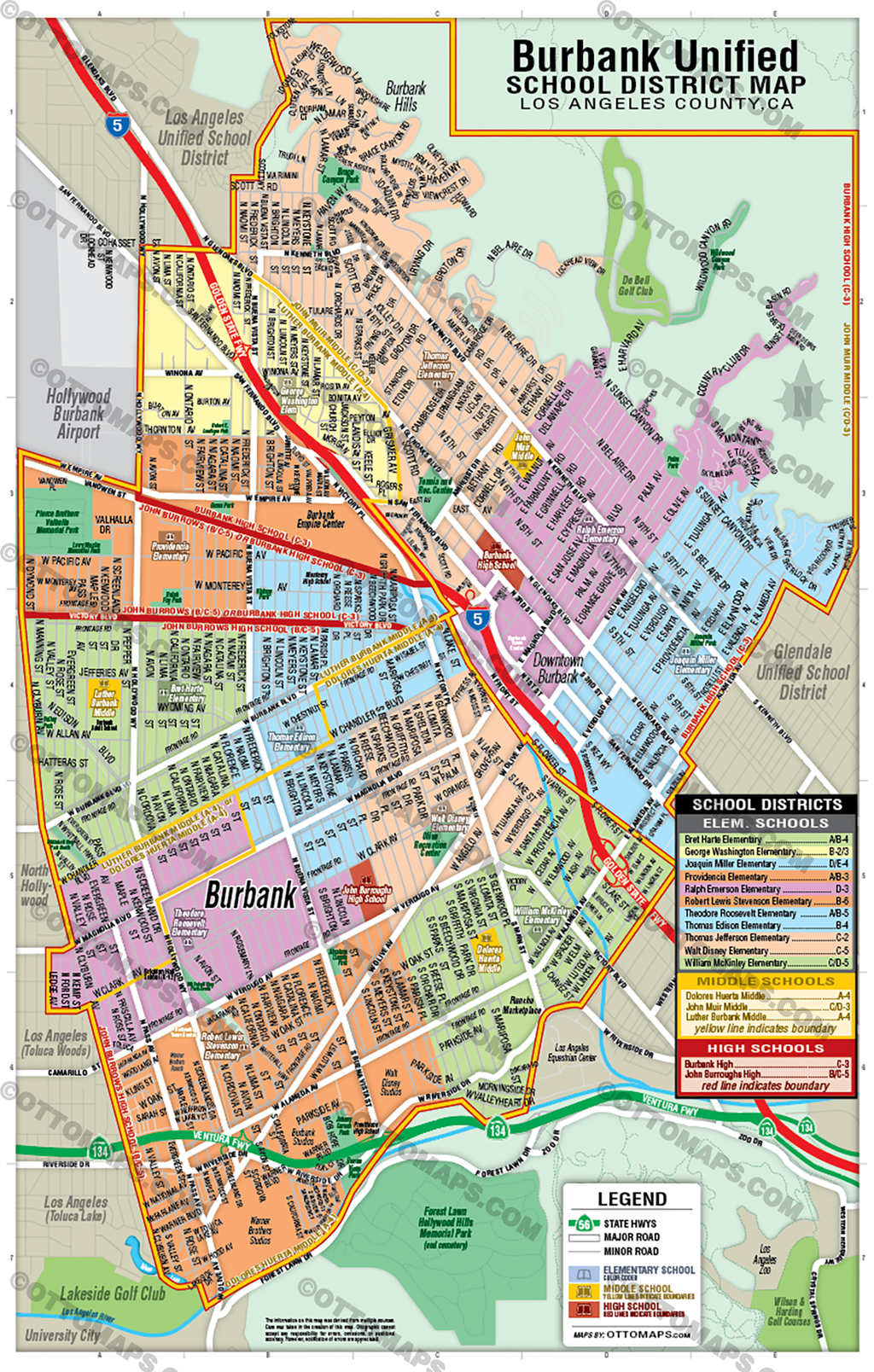 Burbank Unified School District Map, Los Angeles County, CA - POSTER PRINTS