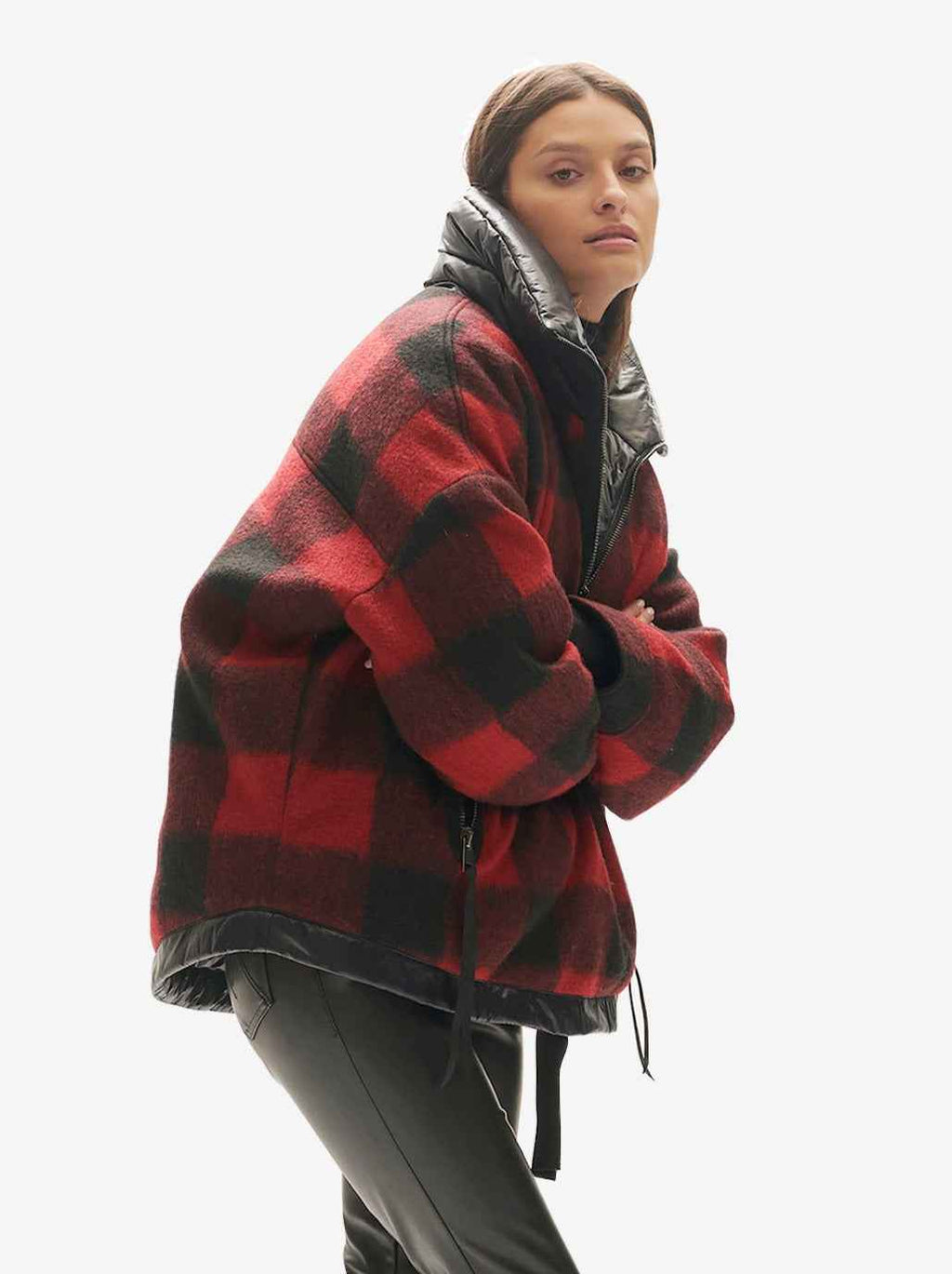 Reversible Wool Half Zip Puffer - Black Plaid