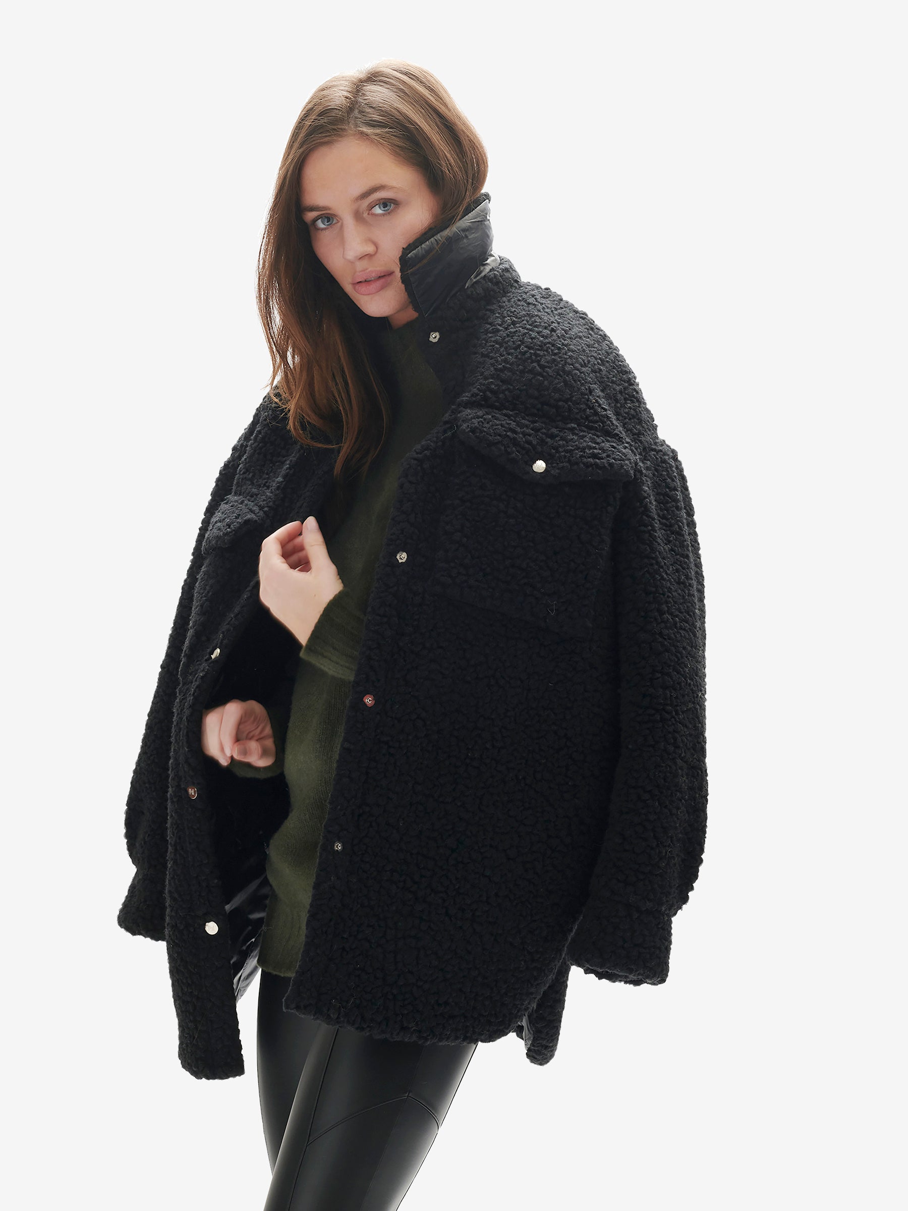 Padded Wool Sherpa Shirt Jacket - Black
