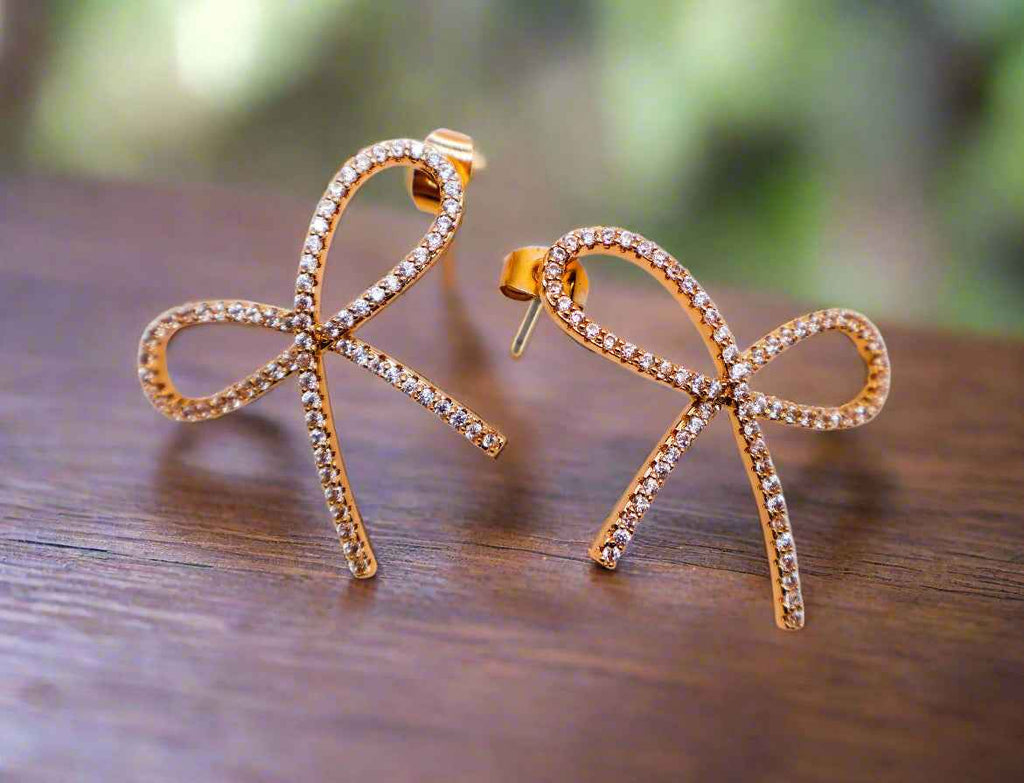 Golden Bow Tie Sparkle Earrings - Elegant Accessory
