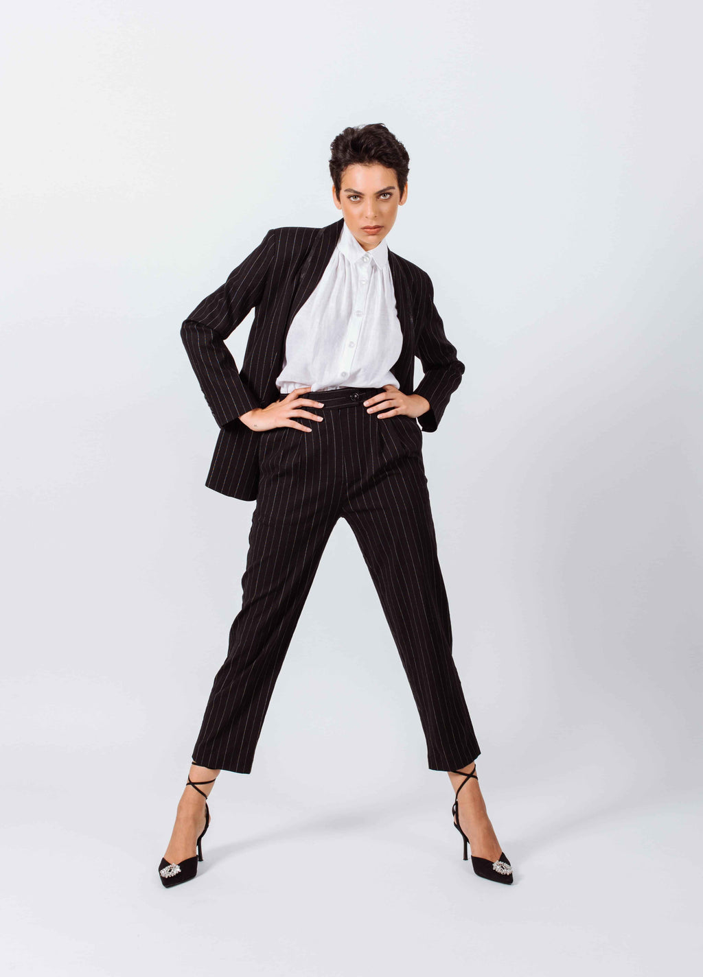 Black Pinstripes Suit Pants – Women’s Tailored Office Trousers