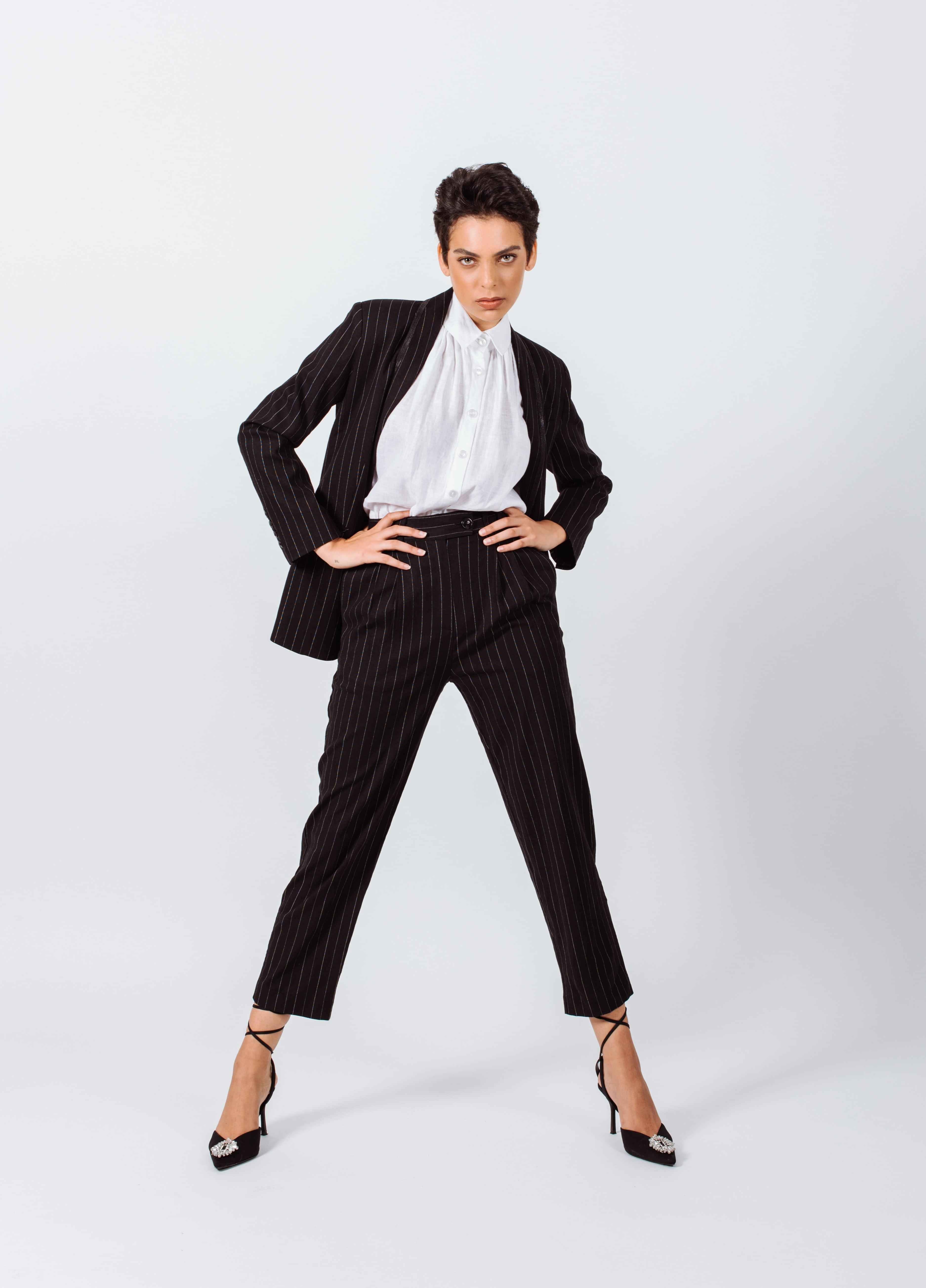Black Pinstripes Suit Pants – Women’s Tailored Office Trousers