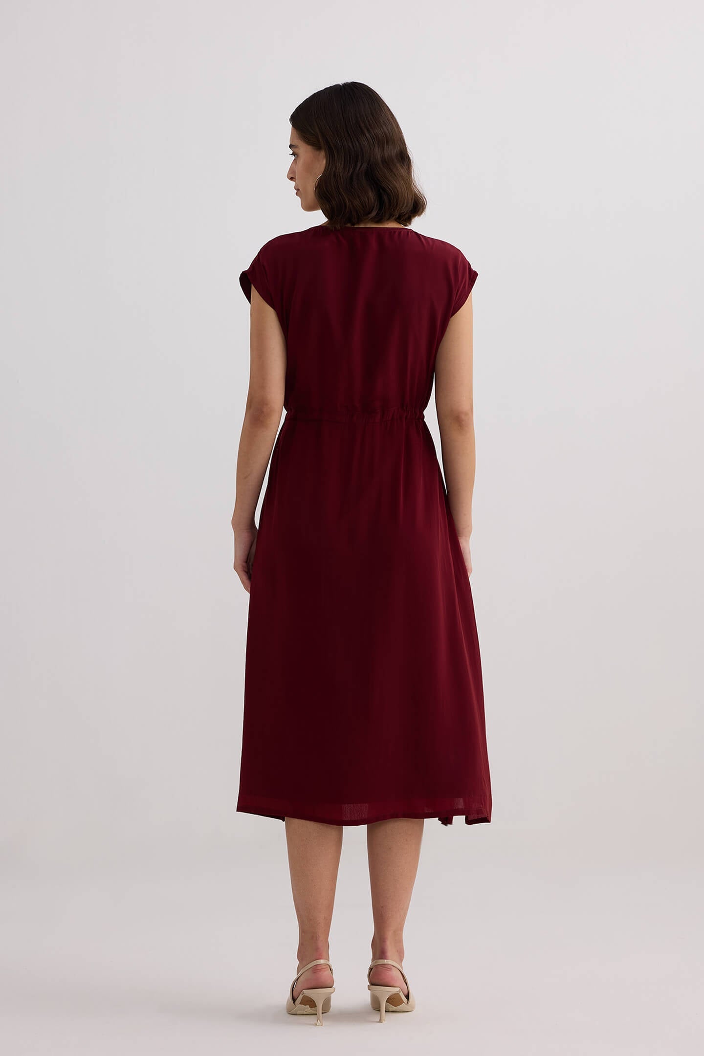 Deep V-neck Gathered Dress in Burgundy - Lolomo!