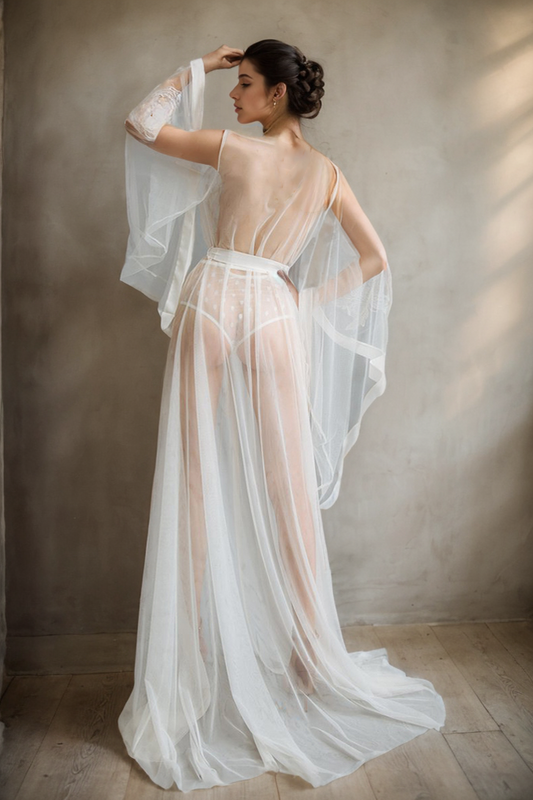 Elegant Sheer Lace Bridal Robe with Floral Embroidery and Satin Tie