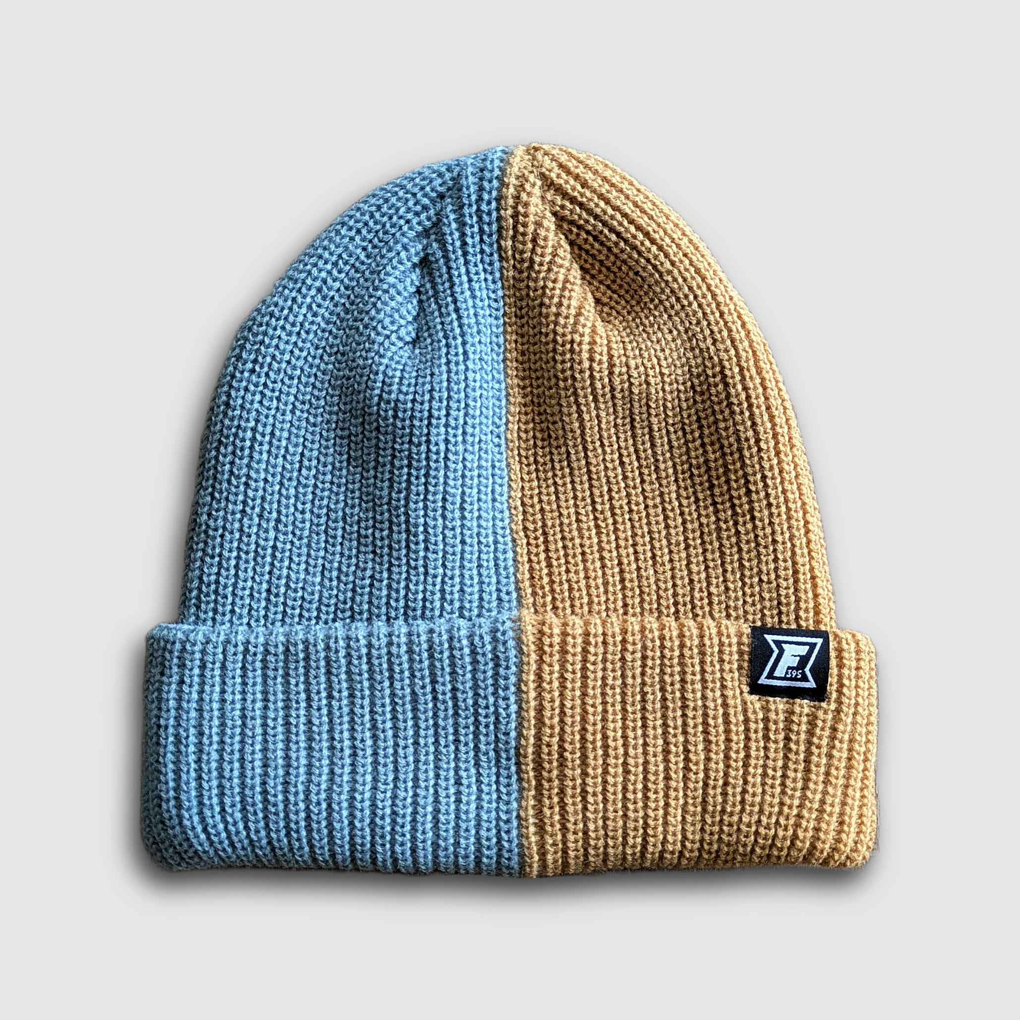 2-Tone Split Color Beanie - Mineral Blue/Tan