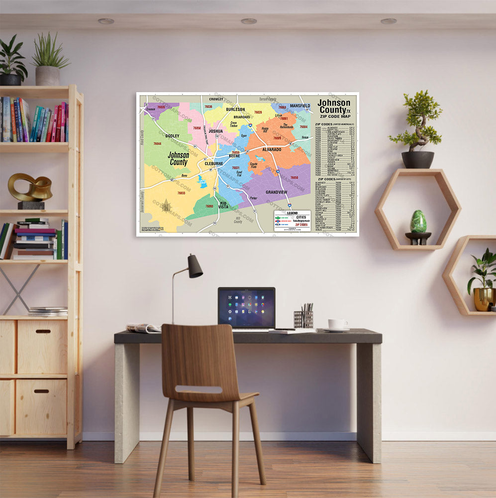 Johnson County, TX Zip Code Map - POSTER PRINTS