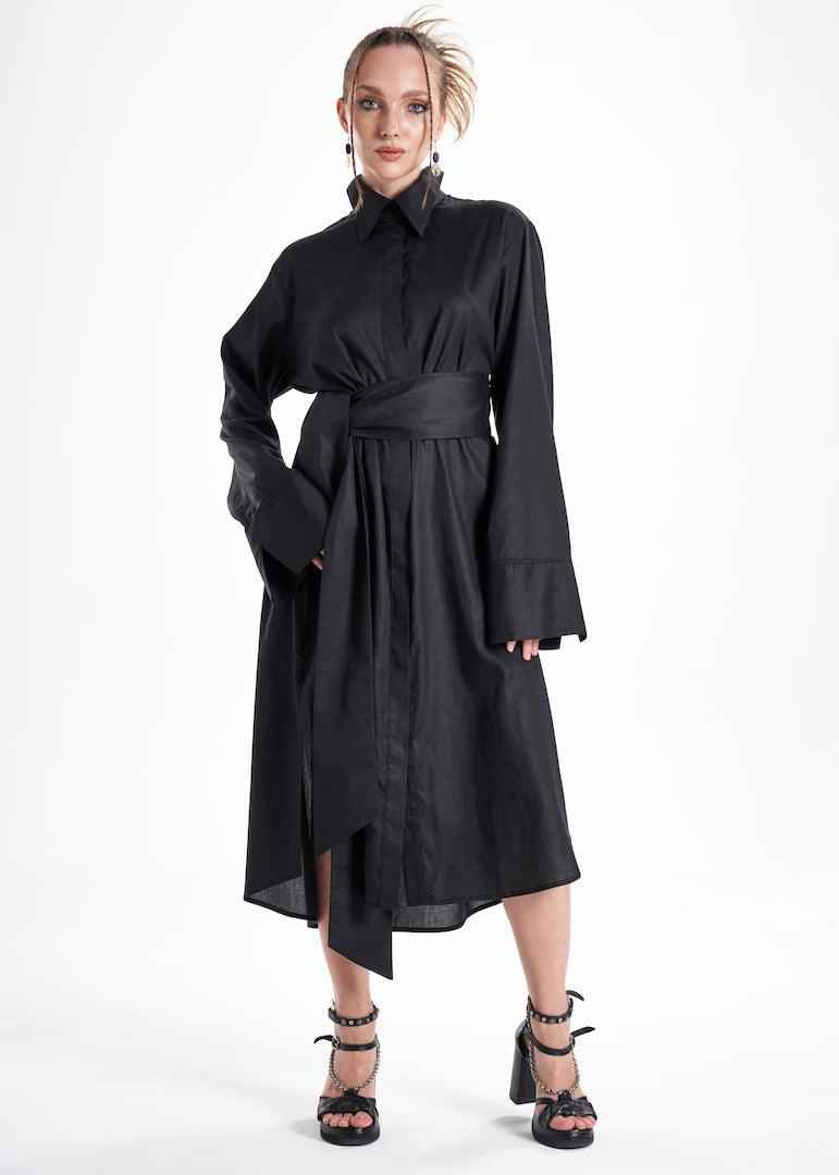 Lightweight And Breathable Deep Black Set With Maxi Button Down And Palazzo Pants
