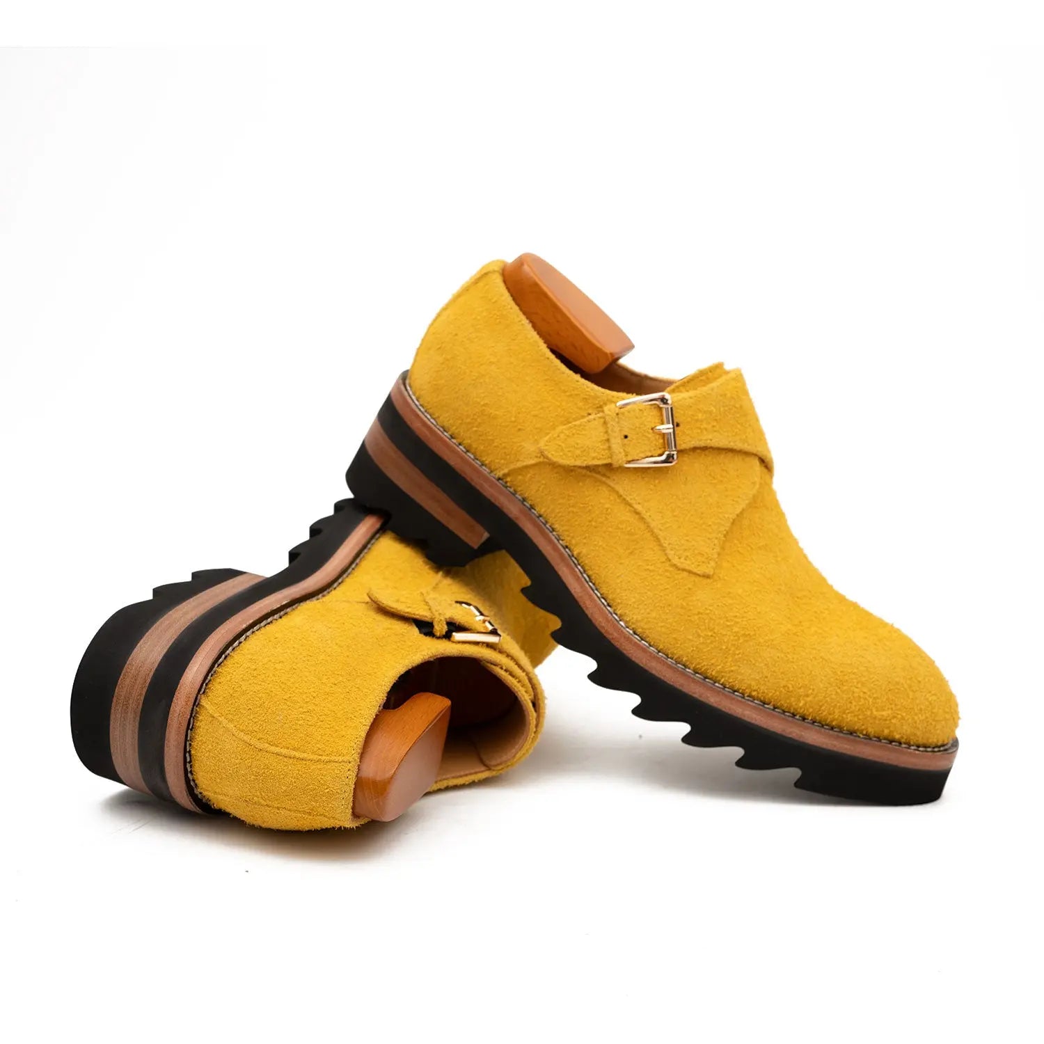 Lemon Yellow Cow Suede Monk Strap Shoes
