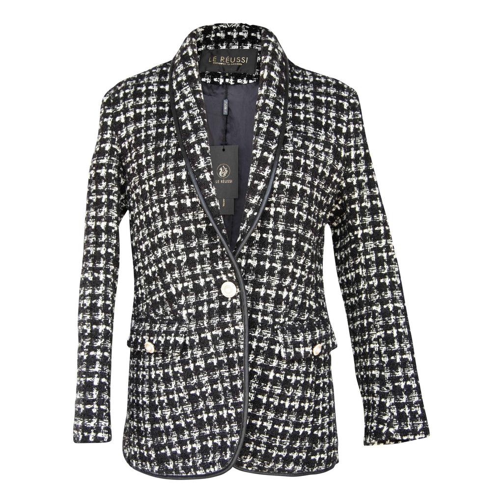 Black & White Tweed Checkers Blazer – Women’s Chic Tailored Jacket