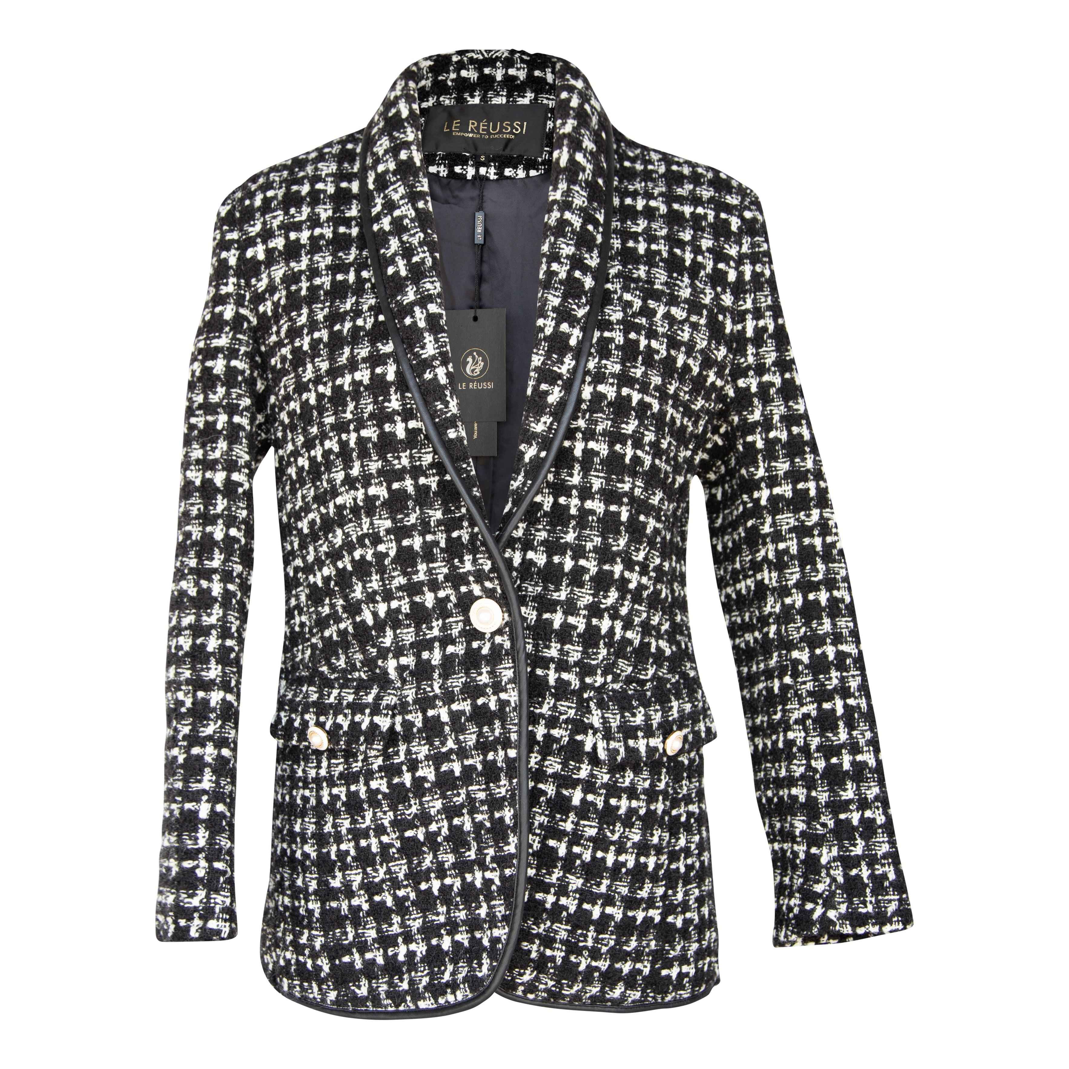 Black & White Tweed Checkers Blazer – Women’s Chic Tailored Jacket