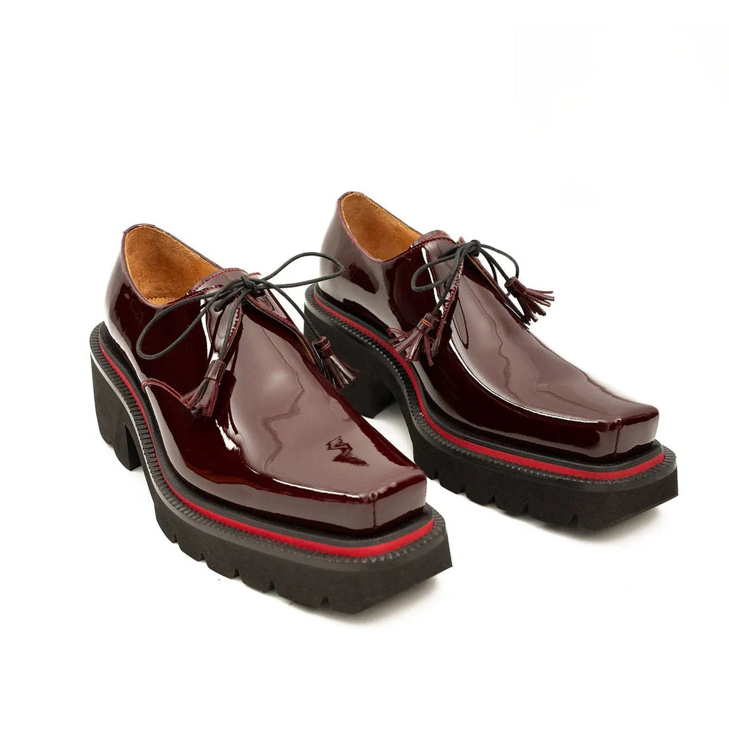 Men's Patent Leather Wine Red Derby Shoes with Chunky Sole