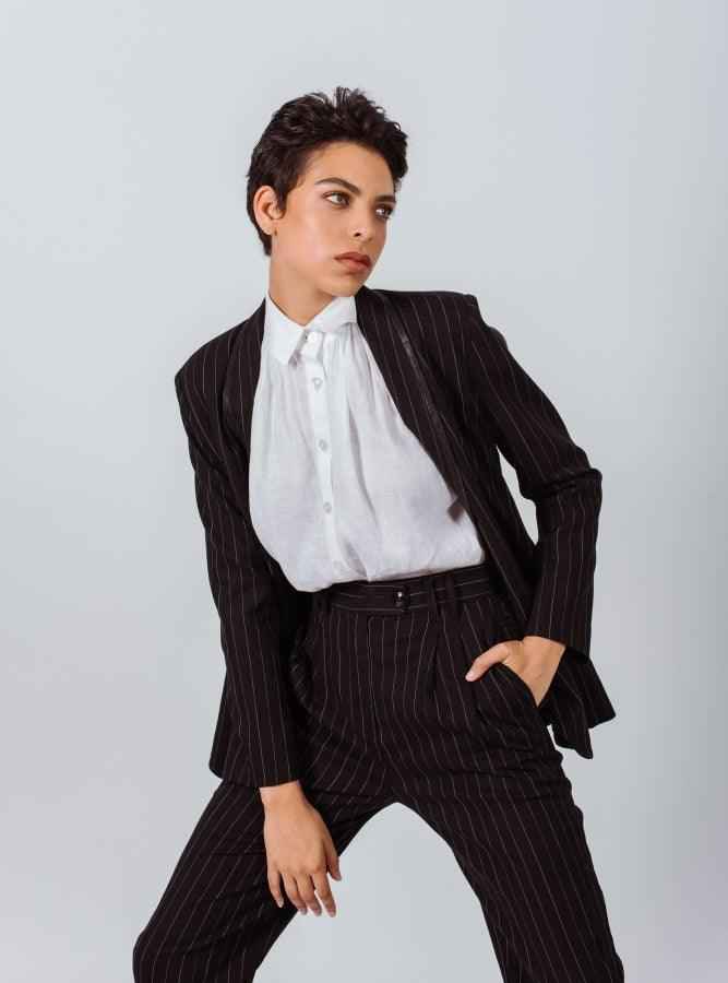 Black Pinstripes Suit Pants – Women’s Tailored Office Trousers