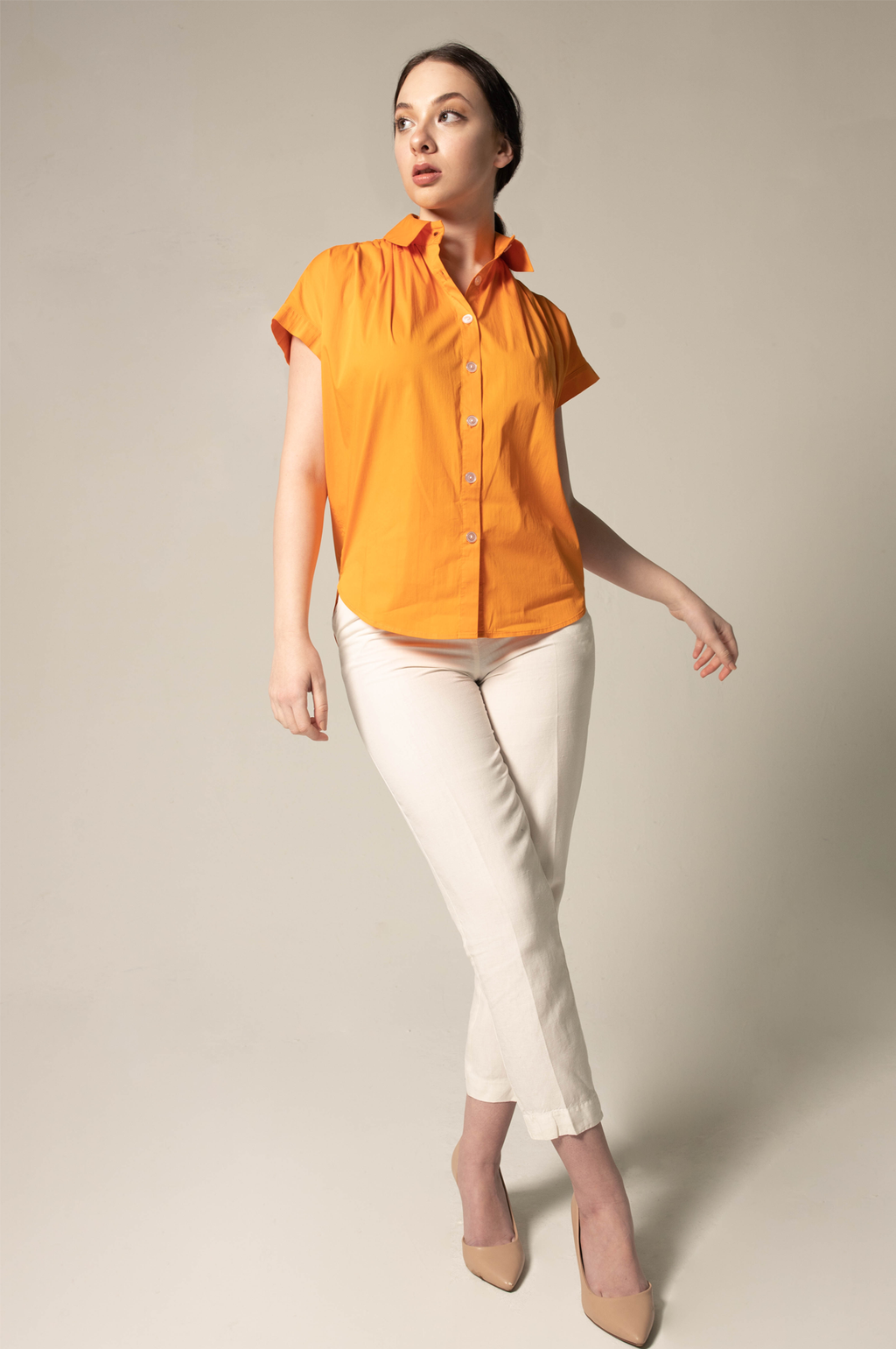 Womens Gather Collar Shirt in Orange – Stylish Gathered Blouse - Lolomo!