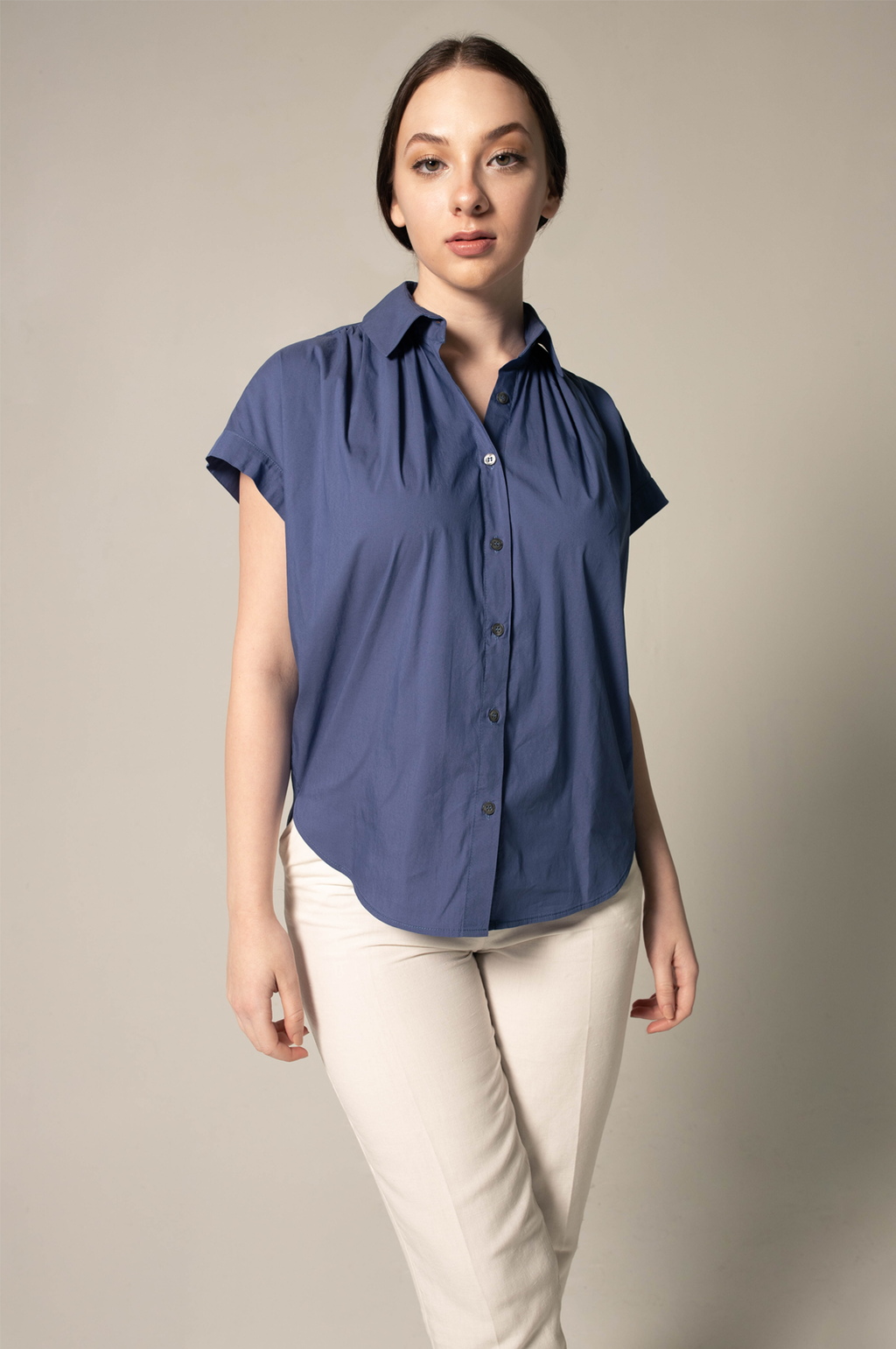 Womens Gather Collar Shirt in Navy – Elegant Blouse - Lolomo!