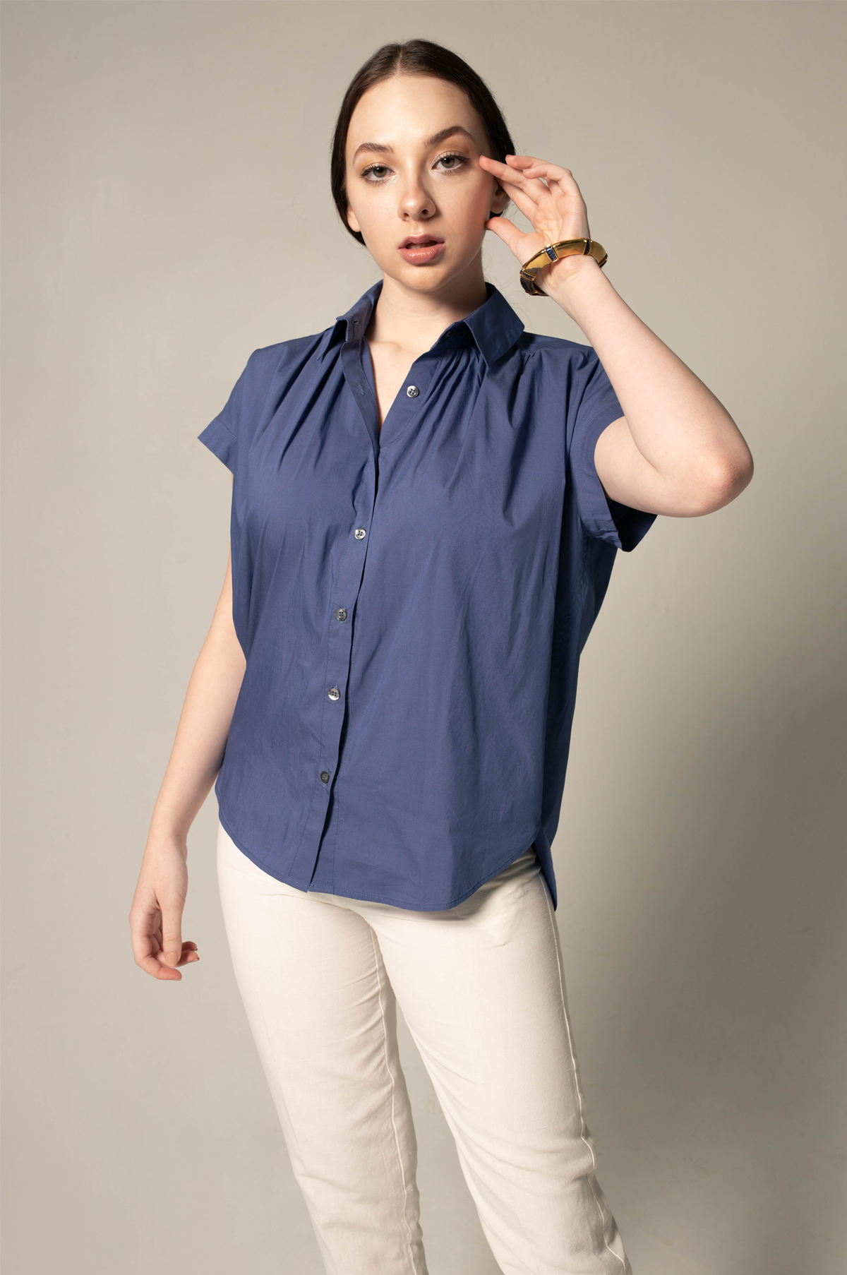 Womens Gather Collar Shirt in Navy – Elegant Blouse - Lolomo!