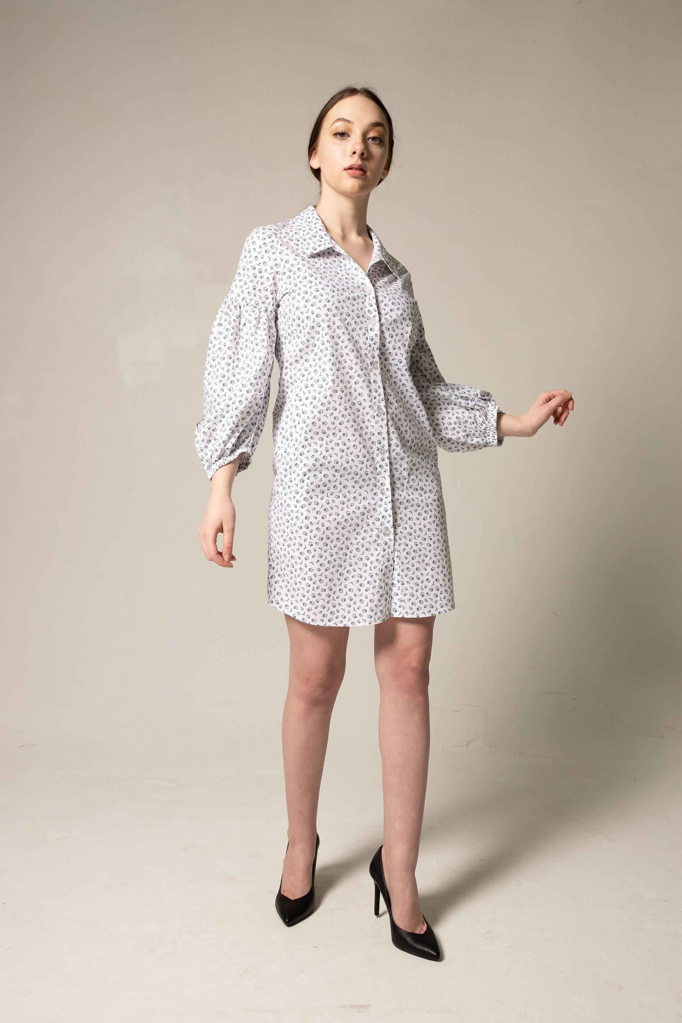 Shirt Dress with Oversized Sleeves in White Floral – Summer Dress