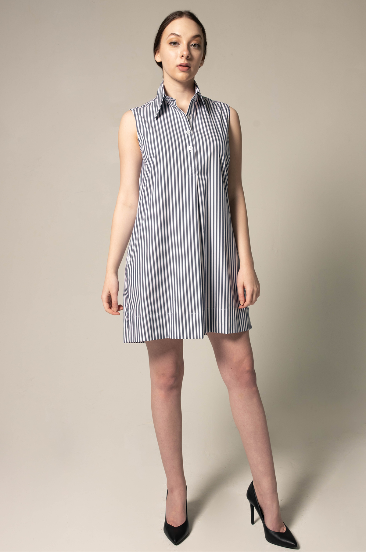 Italian Cotton Blue Stripe Sleeveless Dress – Elegant Summer Dress