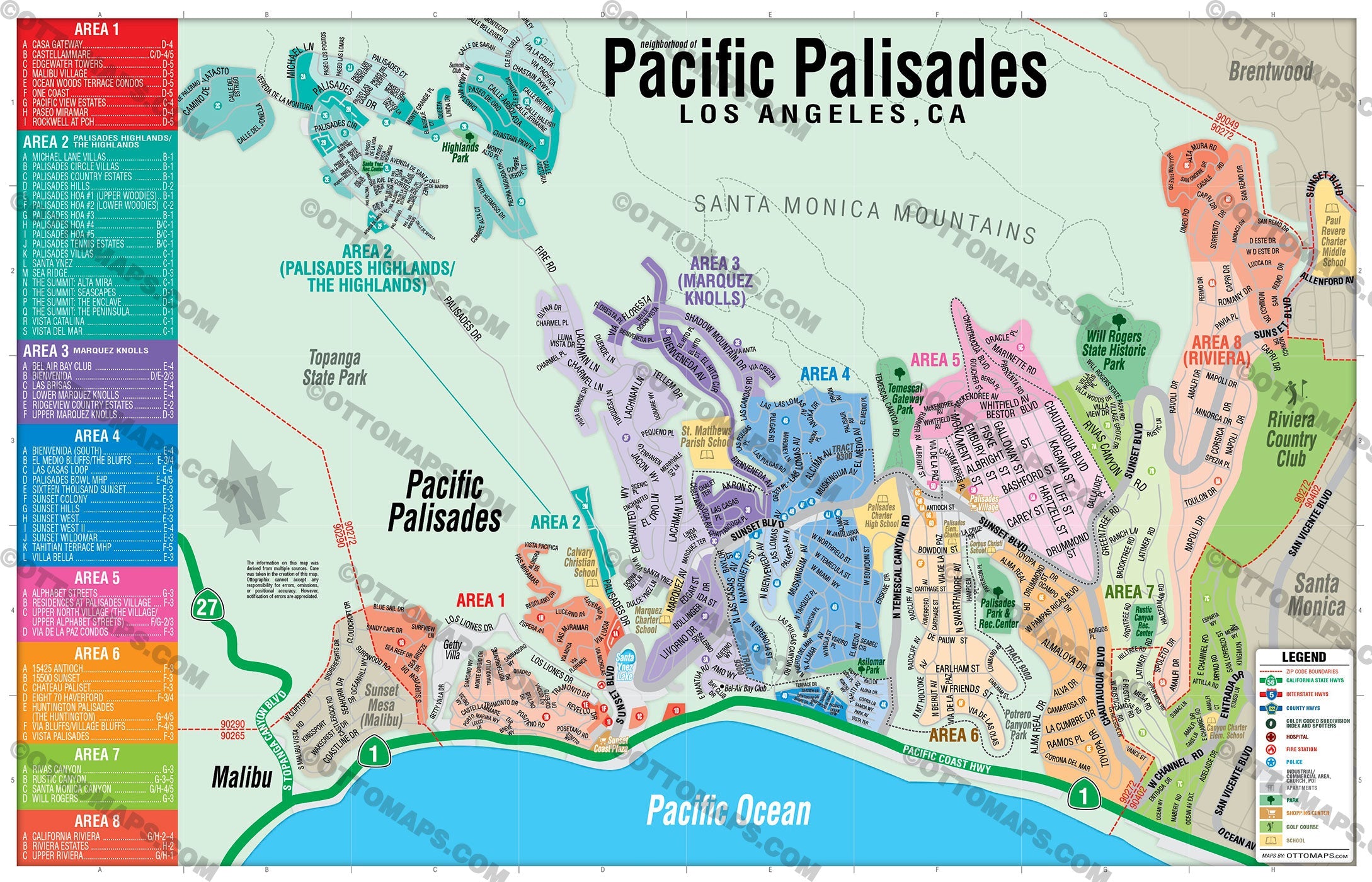 Pacific Palisades Map, Los Angeles, CA - POSTER PRINTS
