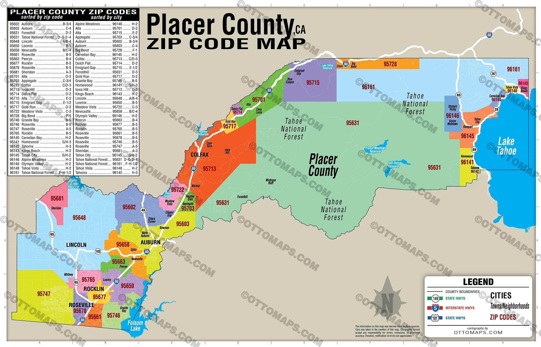 Placer County Zip Code Map - POSTER PRINTS