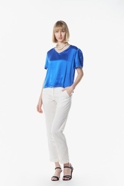 Shining V-Neck Blouse in Blue – Women’s Elegant V-Neck Top - Lolomo!