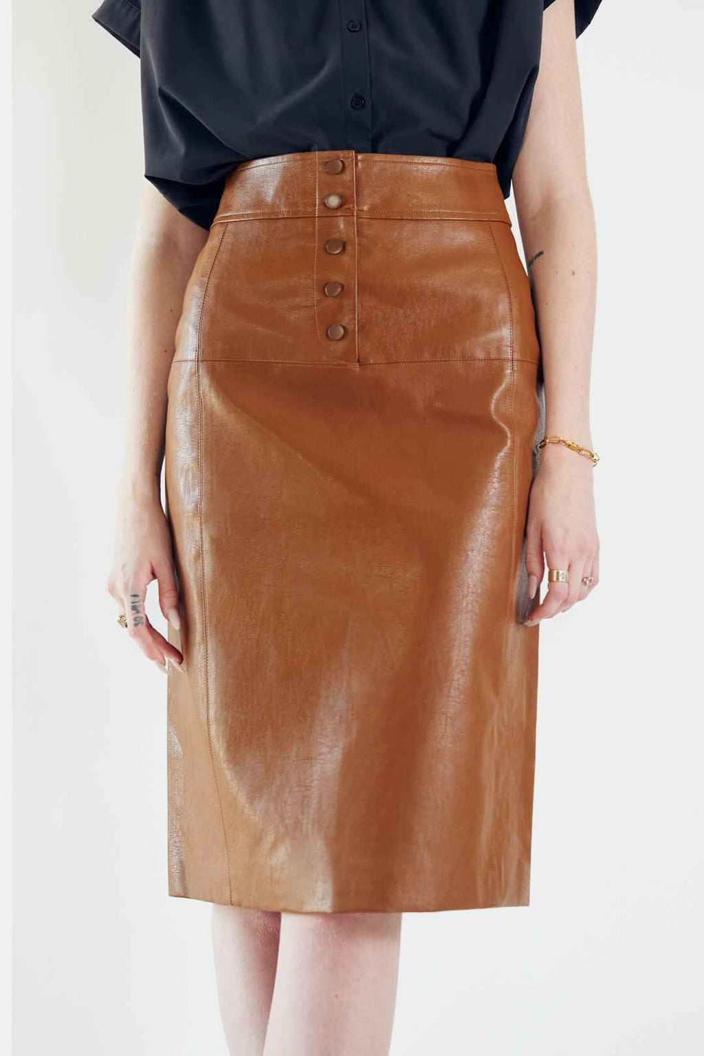 Glossy Brown Vegan Leather Pencil Skirt – Women’s Chic Leather Skirt