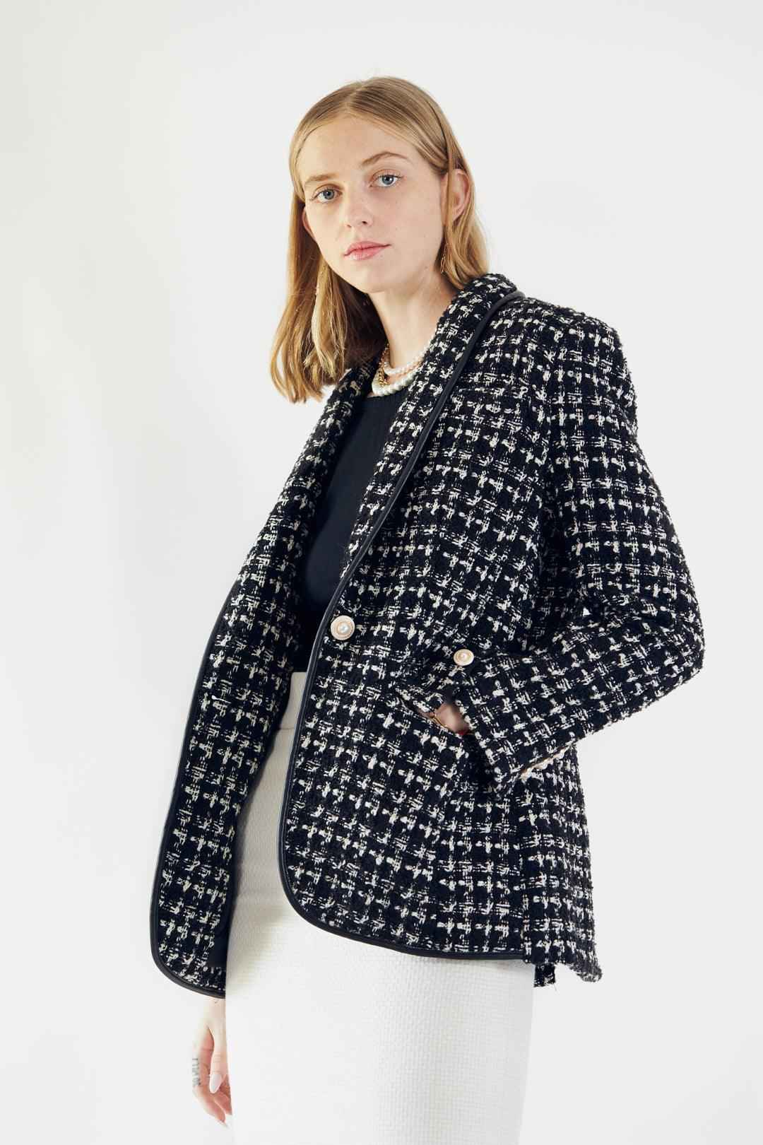 Black & White Tweed Checkers Blazer – Women’s Chic Tailored Jacket