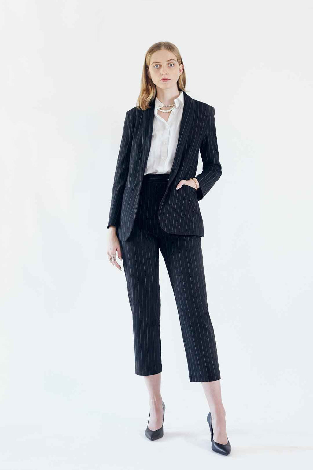 Black Pinstripes Blazer – Women’s Tailored Office Jacket