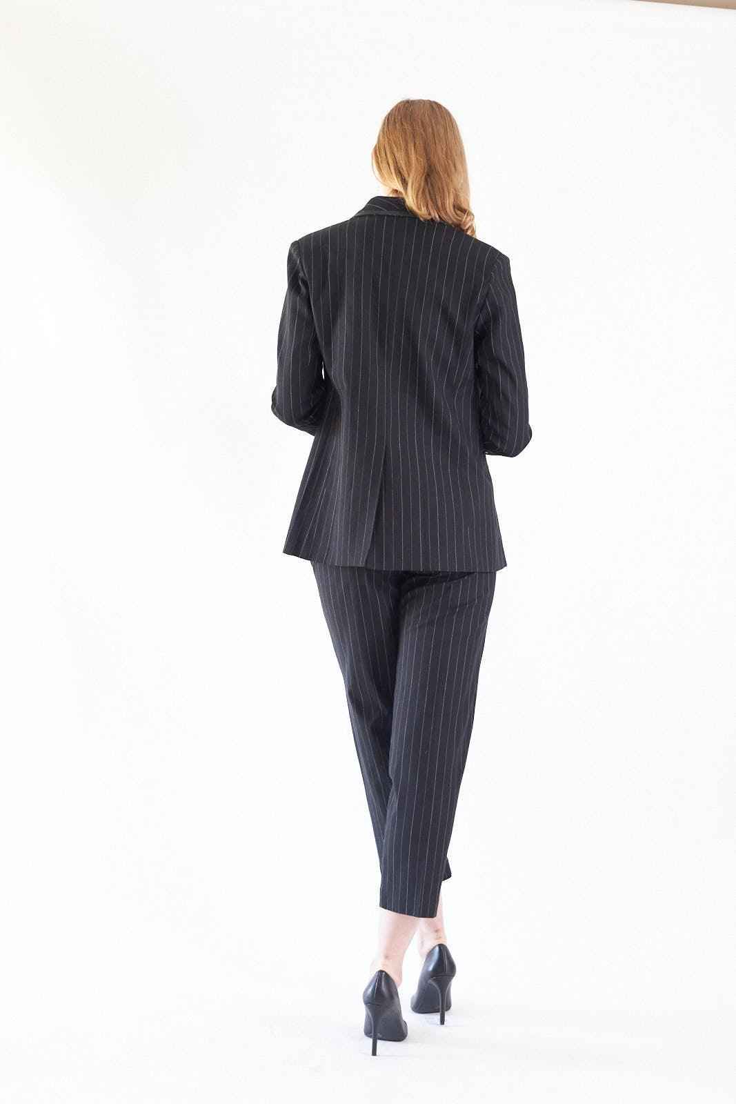 Black Pinstripes Blazer – Women’s Tailored Office Jacket