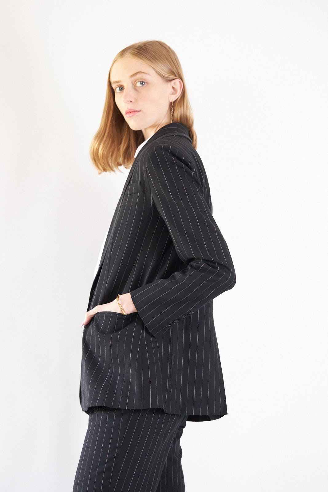 Black Pinstripes Blazer – Women’s Tailored Office Jacket