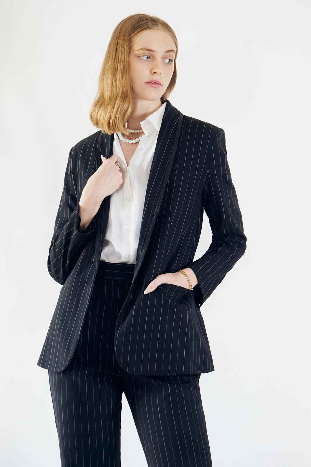 Black Pinstripes Blazer – Women’s Tailored Office Jacket