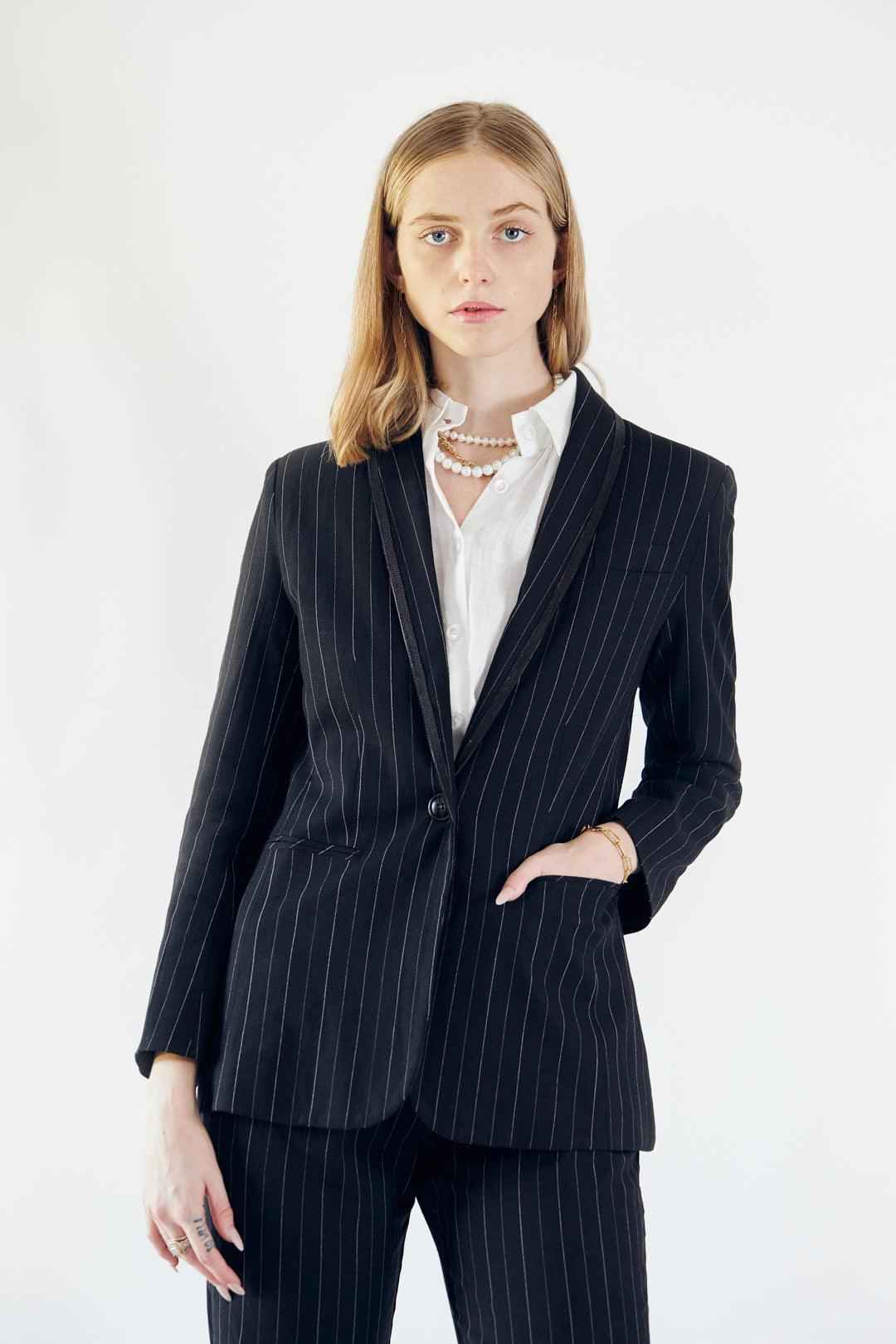 Black Pinstripes Blazer – Women’s Tailored Office Jacket