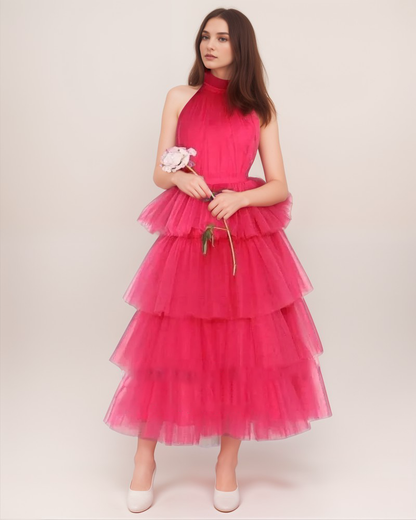 Ruffle Layered tulle Hem Haltered A-line tutu French style long prom dress