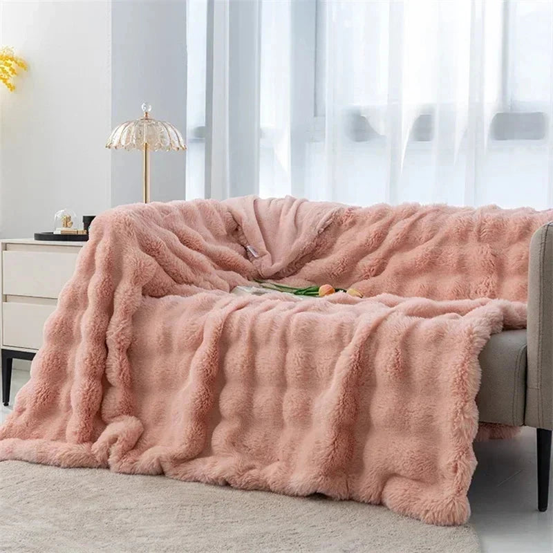 Soft and Cozy Toscana Rabbit Fur Blanket With Double-sided Bubble Fleece - Perfect for Office and Sofa Cover Warm Winter Bed