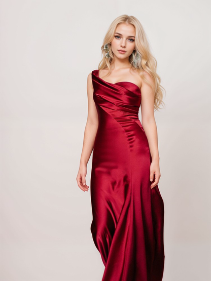 Sexy one shoulder pleated bodice mermaid silky satin prom dress
