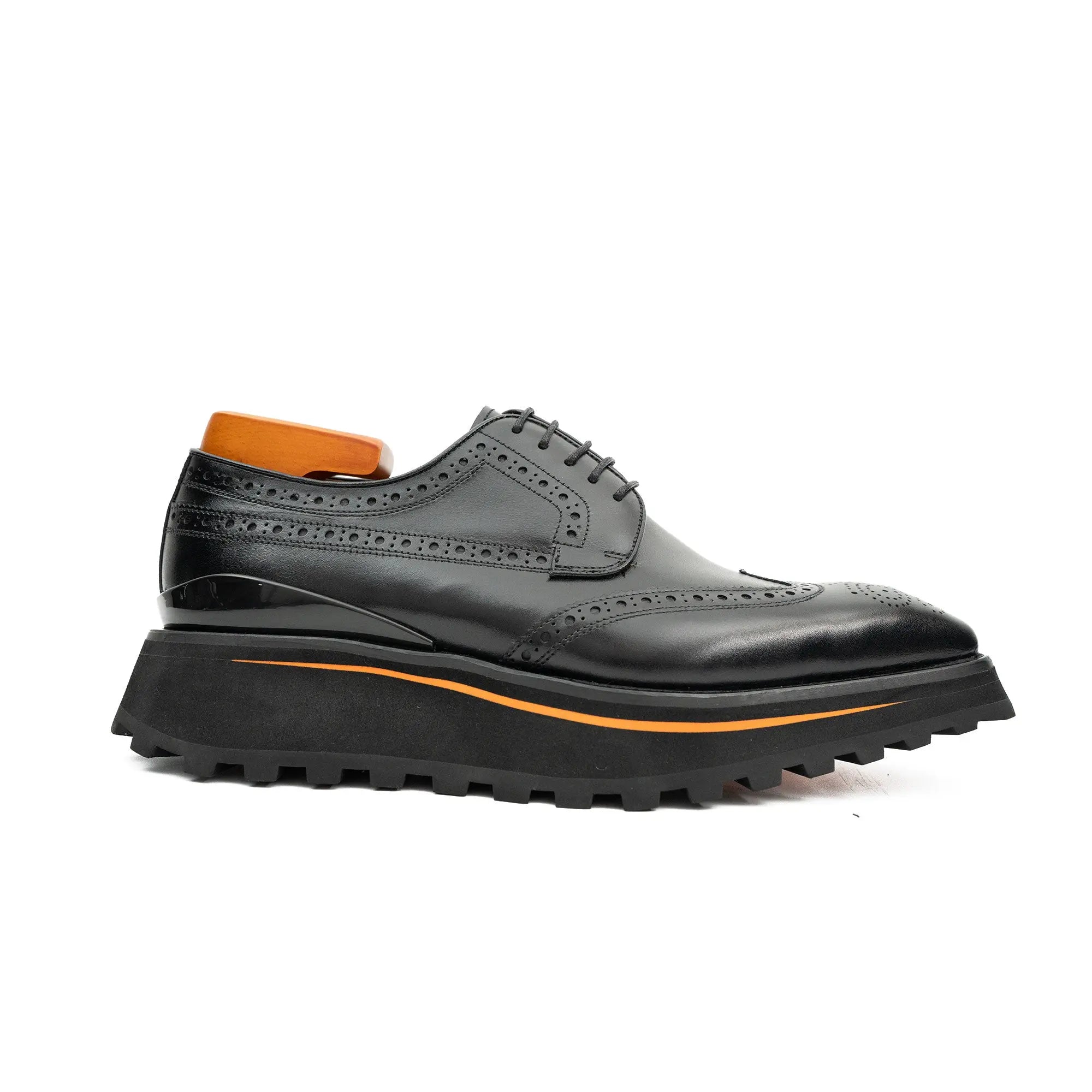 Thick-soled calfskin formal brogue derby shoes Black