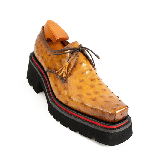 Thick-soled ochre ostrich leather Derby shoes