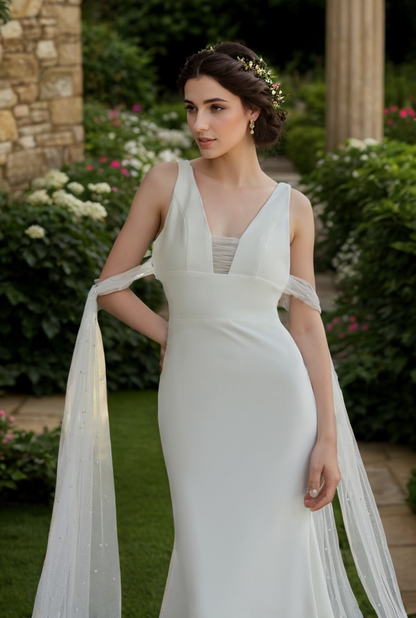 V-neck Low back wide straps Mermaid Satin wedding dress with beaded soft tulle ribbon