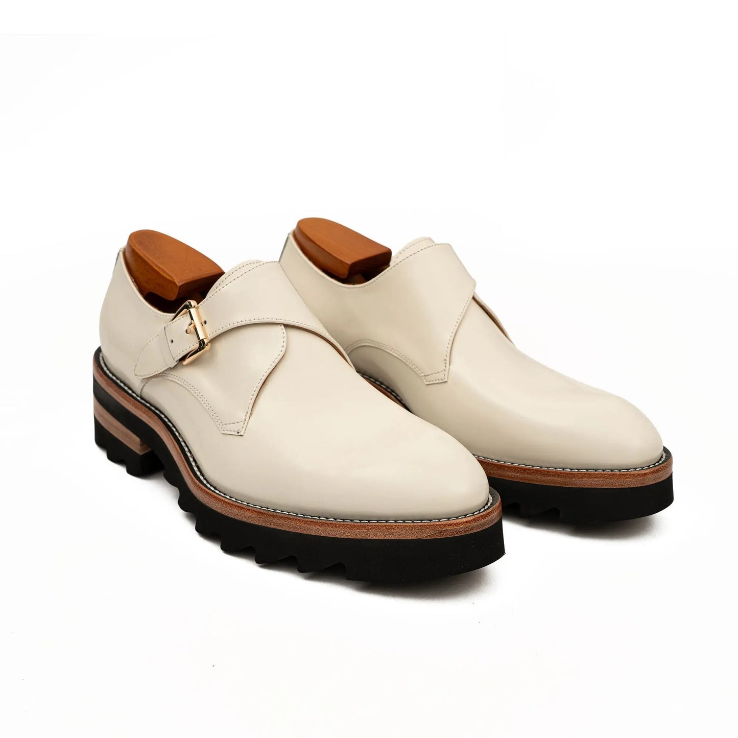 White Leather Monk Strap Shoes with Chunky Soles