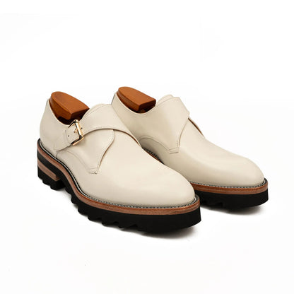 White Leather Monk Strap Shoes with Chunky Soles