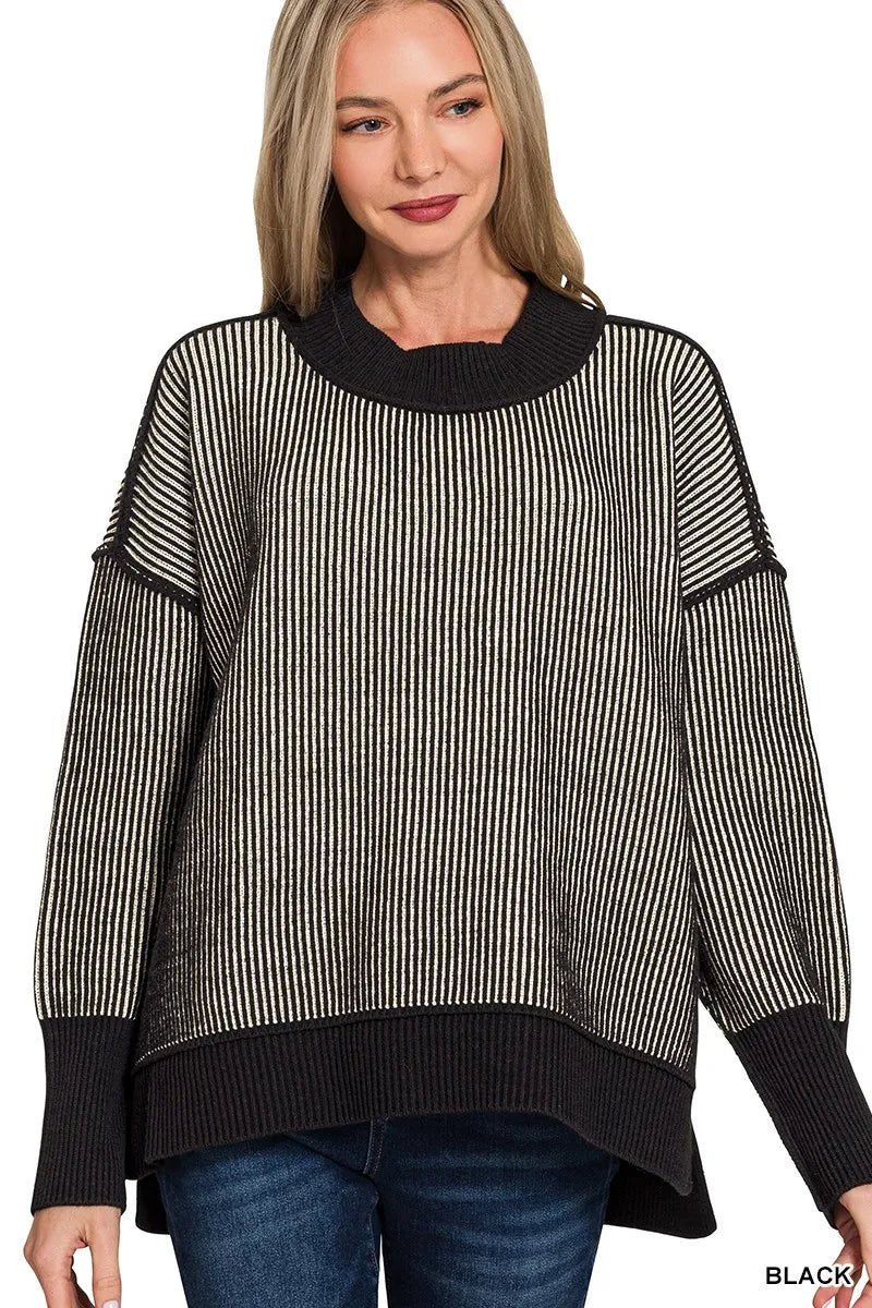 Zenana Exposed Seam Two Tone Ribbed Sweater in Black
