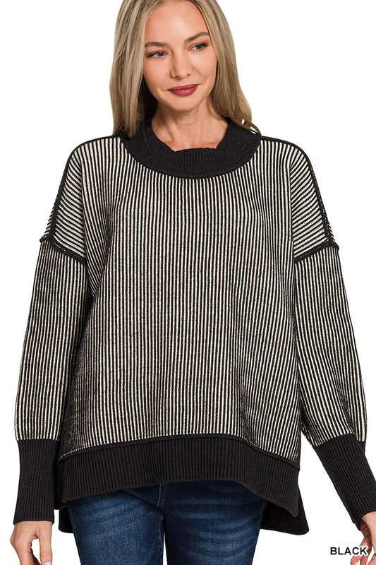 Zenana Exposed Seam Two Tone Ribbed Sweater in Black