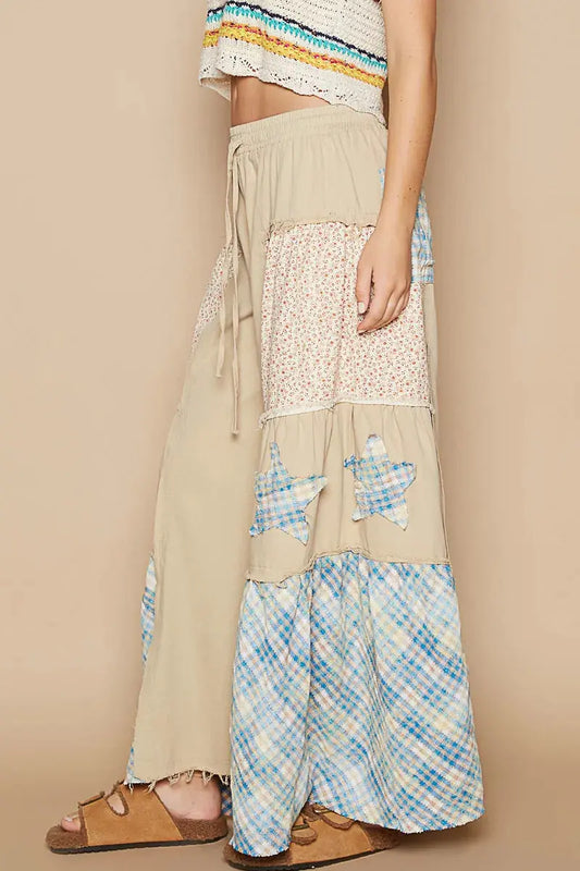 POL Drawstring Star Patch Contrast Wide Leg Pants