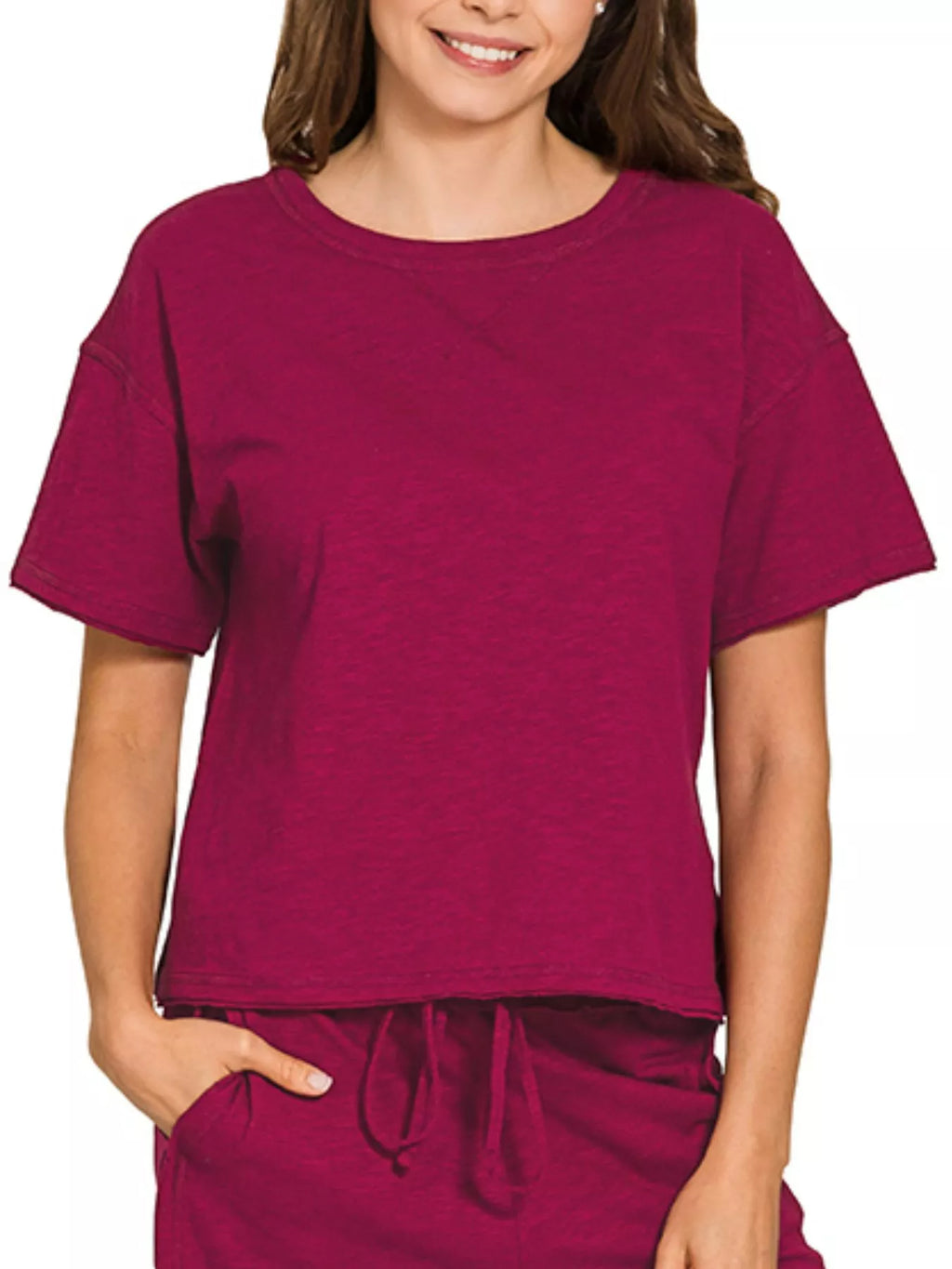 Zenana Cotton Slub Short Sleeve Tee and Pants Set in Cabernet