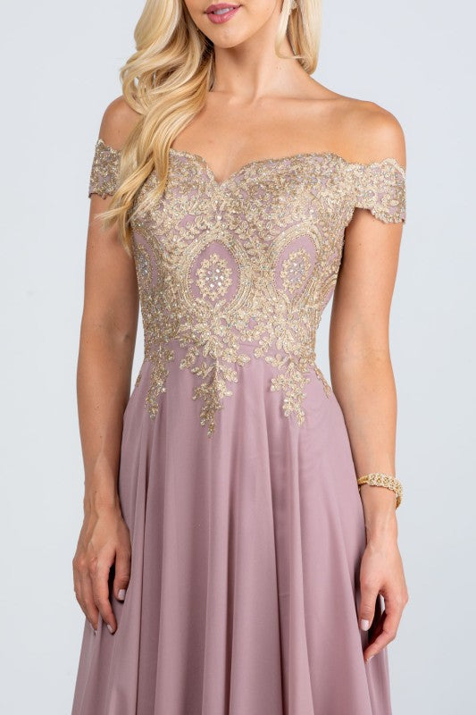La Scala Off Shoulder Chiffon Gown with Lace Appliques