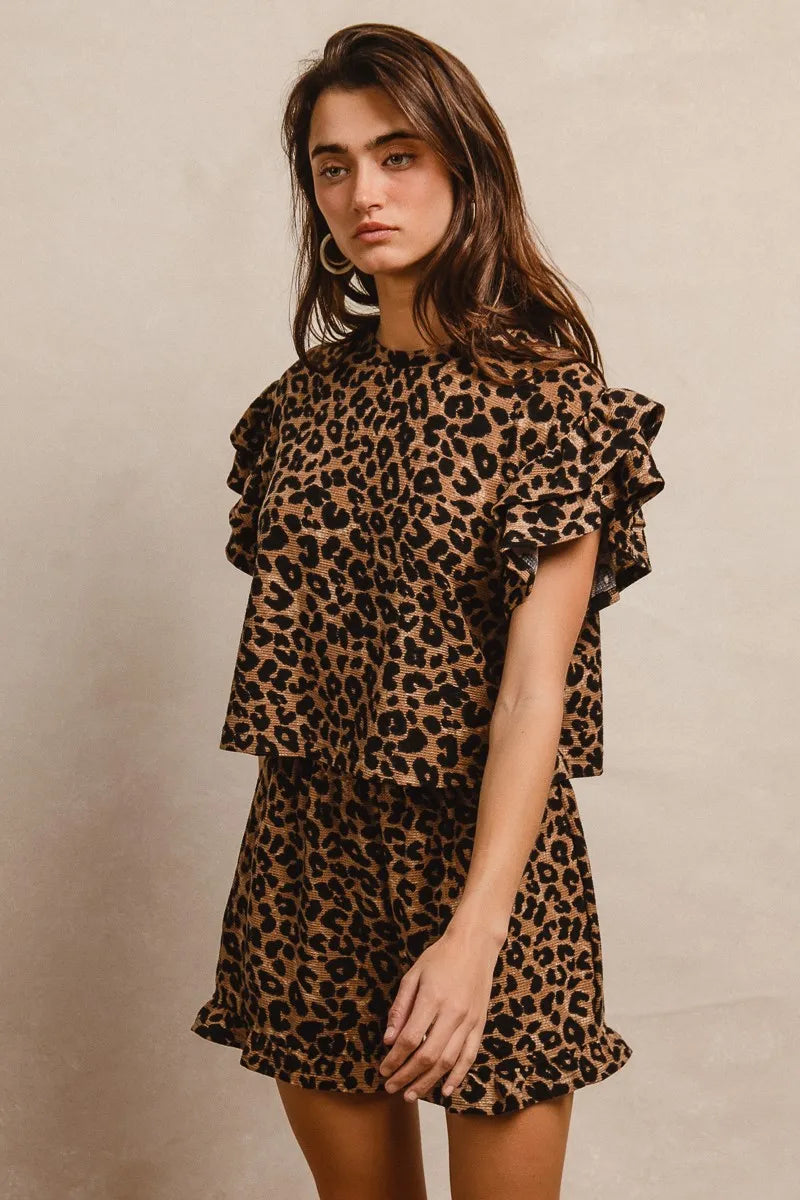 BiBi Leopard Print Waffle Texture Layered Ruffle Sleeve Top and Shorts Set
