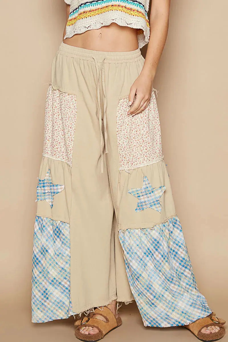 POL Drawstring Star Patch Contrast Wide Leg Pants